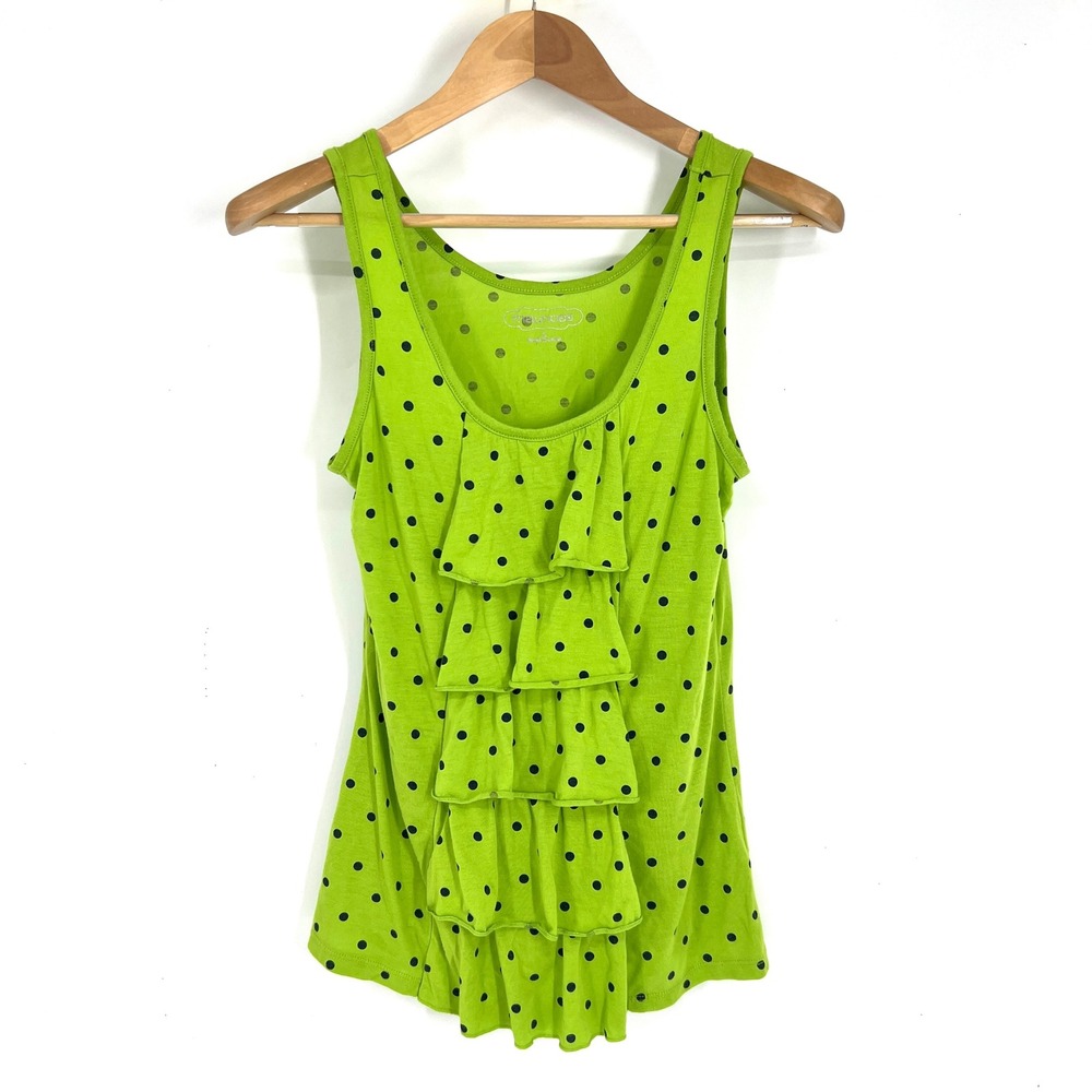 Vintage Y2K Maurices Lime Green Polka Dot Ruffle Front Tank Top L Scoop Neck